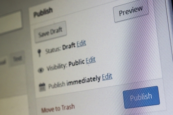 Zrzut ekranu systemu CMS WordPress: widać opcję zmiany statusu, dostępu i czasu publikacji. Na górze przyciski "Save draft" i "Preview", na dole "Move to trash" i "Publish"