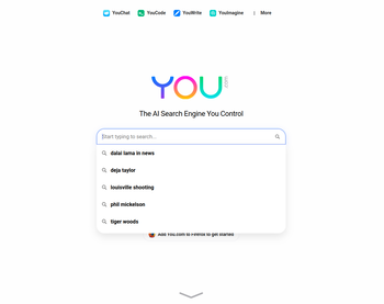 Zrzut ekranu strony głównej wyszukiwarki You.com: u góry przyciski 'YouChat', 'YouCode', 'YouWrite', 'YouImagine' oraz 'More'; niżej logo YOU.com i podpis 'The AI Search Engine You Control' oraz pole wprowadzania tekstu do wyszukiwarki wraz z paskiem sugestii. Pod nim przycisk zachęcający do instalacji wtyczki You.com do przeglądarki Firefox.