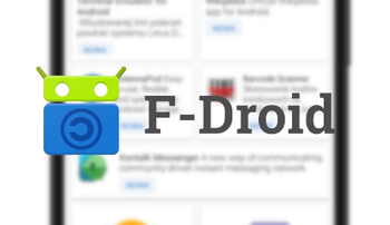 Logo F-Droid na tle zrzutu ekranu z aplikacji F-Droid