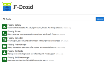 Zrzut ekranu strony F-Droid, w wyszukiwarkę wpisane Fossify, w wynikach aplikacje: galeria, telefon, kalendarz, menadżer plików, kontakty i wiadomości SMS