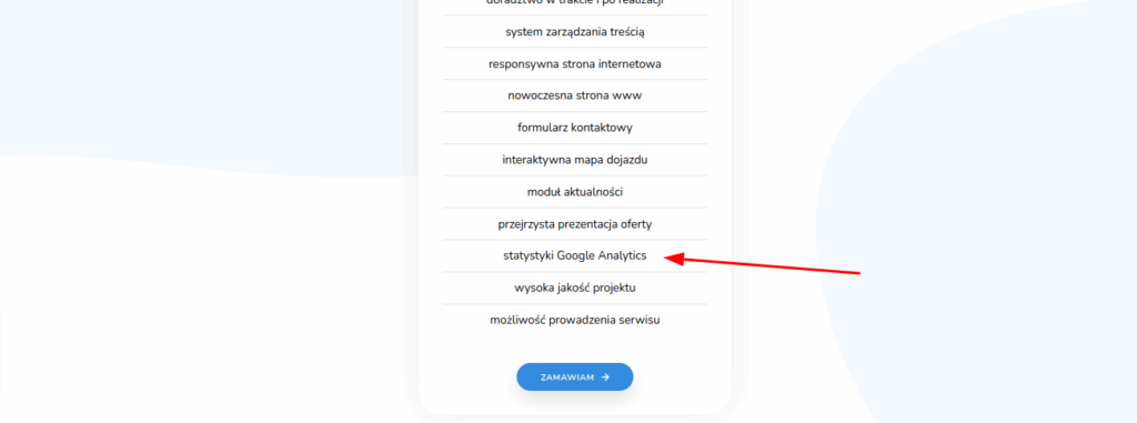 Cennik wykonania strony internetowej przez pewną firmę. Na jednej z pozycji tekst "statystyki Google Analytics"