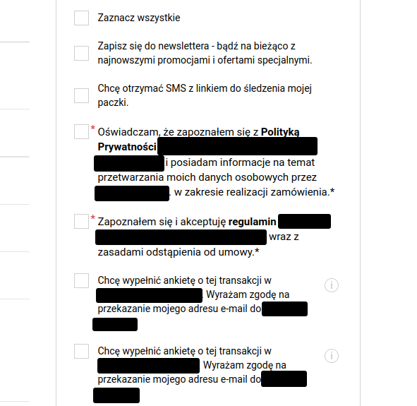 Przykład jednego z polskich sklepów internetowych Podsumowanie zamówienia w sklepie internetowym, widać 6 pól możliwych do zaznaczenia oraz pole "zaznacz wszystkie"