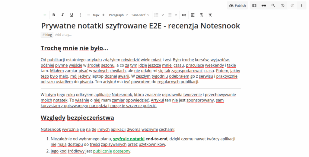 Widok edycji pojedynczej notatki (w treści wstęp do niniejszego artykułu)