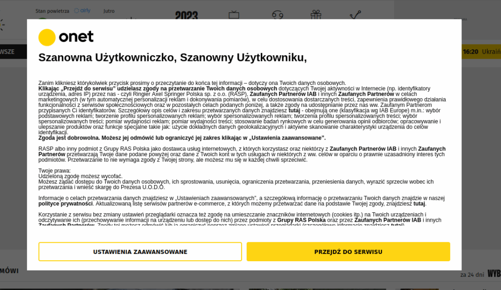 Komunikat o przetwarzaniu danych zawierający dwa przyciski - PRZECHODZĘ DO SERWISU oraz USTAWIENIA ZAAWANSOWANE
