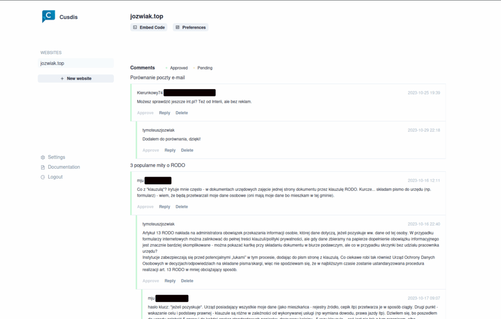 Podgląd komentarzy na mojej stronie