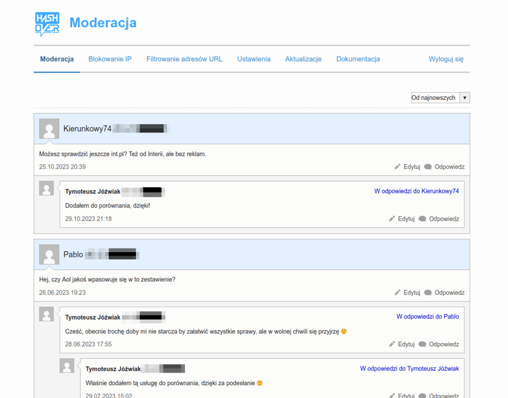 Podgląd komentarzy w panelu HashOver