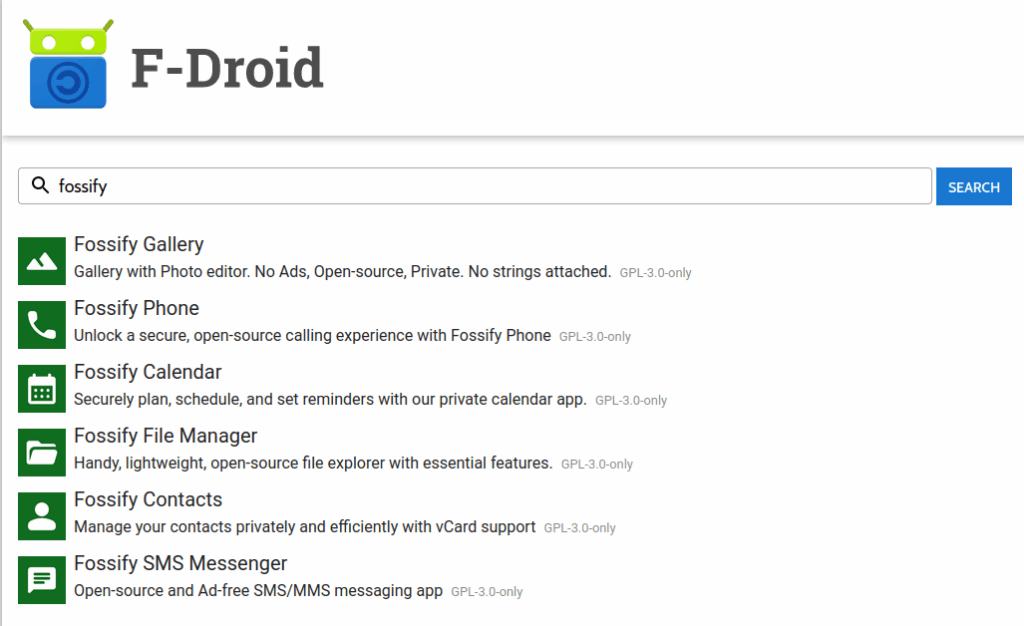 Zrzut ekranu strony F-Droid, w wyszukiwarkę wpisane Fossify, w wynikach aplikacje: galeria, telefon, kalendarz, menadżer plików, kontakty i wiadomości SMS