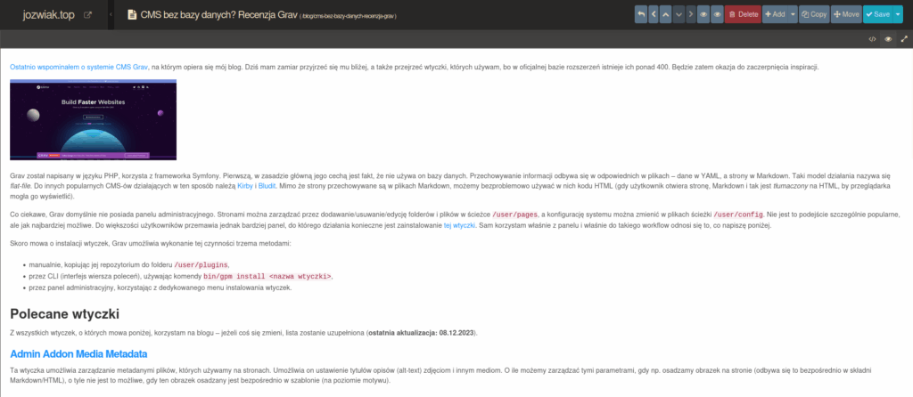 Widok treści niniejszego artykułu w edytorze Markdown