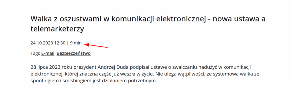 Zrzut ekranu jednego z poprzednich artykułów na blogu; obok daty publikacji napis "9 min"