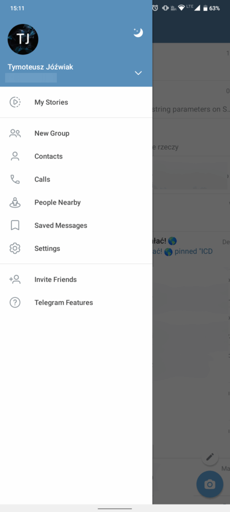 Zrzut ekranu Telegram: menu główne