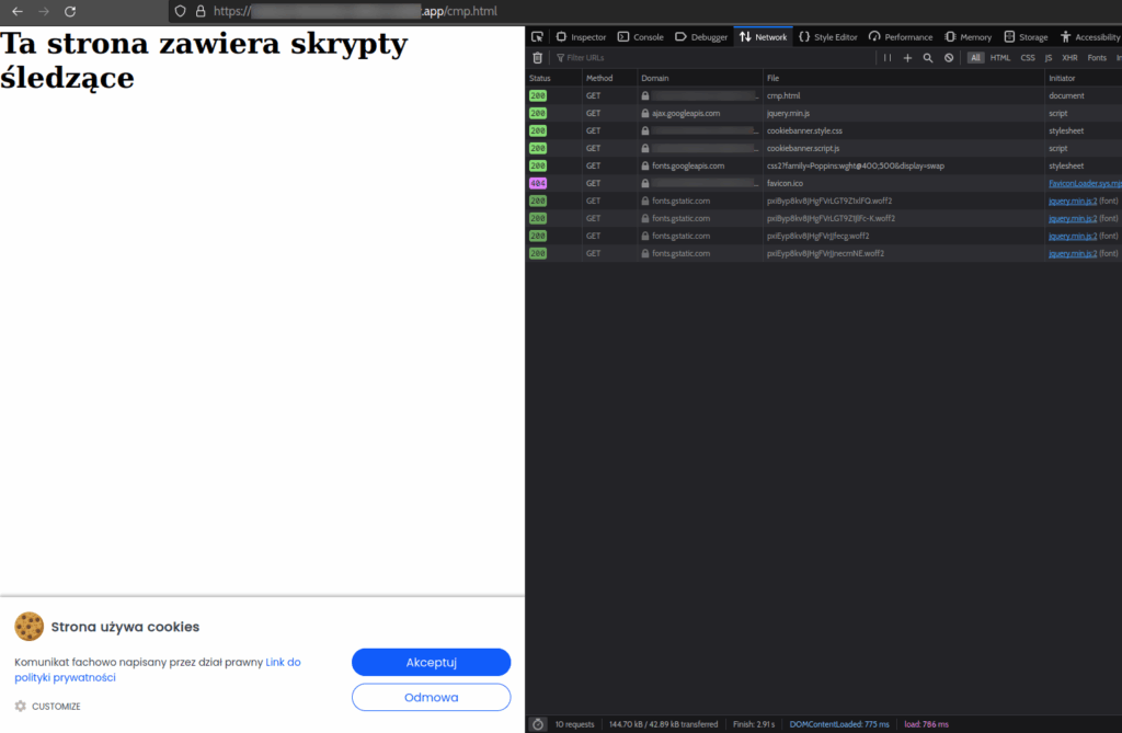Widok strony z bannerem cookies; przyciski do wyrażenia i odmowy zgody; otwarta zakładka network narzędzi deweloperskich, widać żądania do Google Fonts