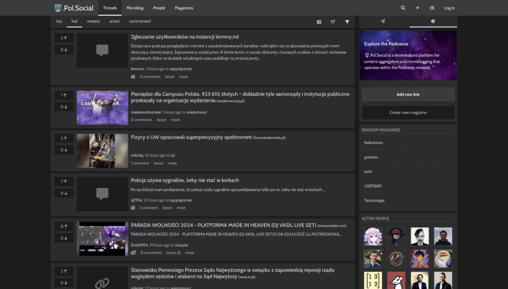 Zrzut ekranu głównej strony /kbin na instancji bin.pol.social