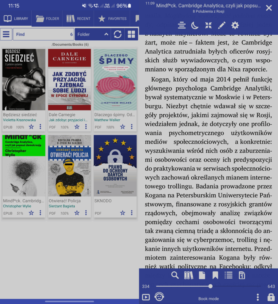 Zrzut ekranu Librera: widok galerii książek oraz jednej z nich otwartych w trybie czytania
