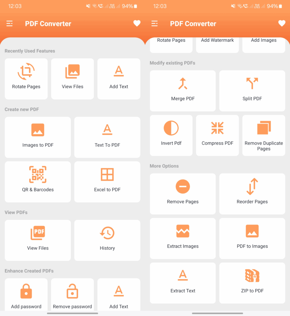 Zrzut ekranu PDF Converter: widok galerii dostępnych opcji
