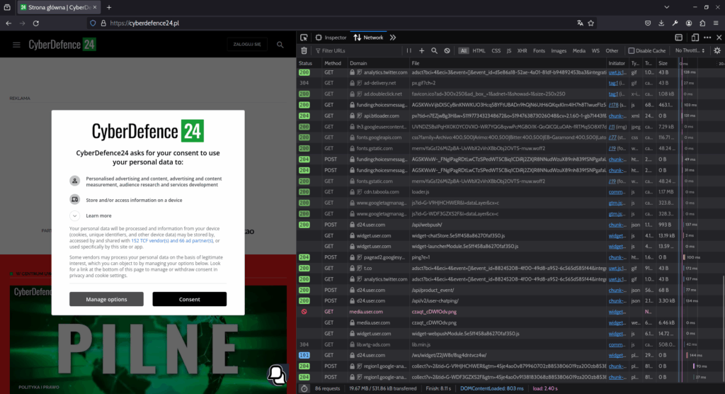 Zrzut ekranu strony głównej CyberDefence24.pl, w otwartym oknie narzędzi deweloperskich widać liczne zapytania do domen zewnętrznych, w tym skrypty X/Twitter i Google Analytics