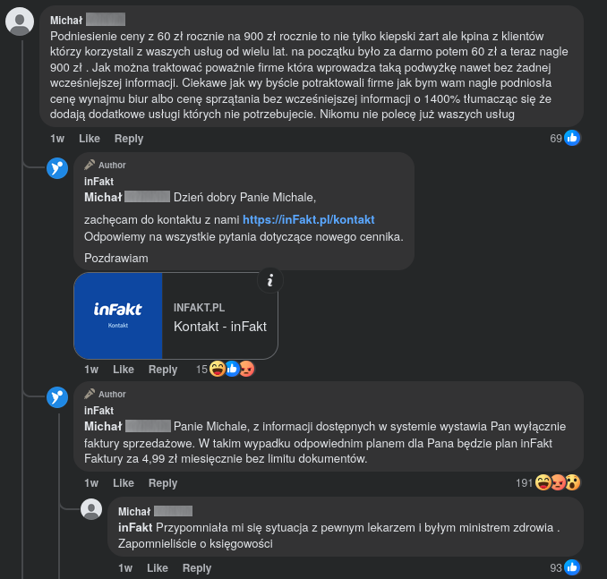 Zrzut ekranu komentarzy pod wpisem inFakt na Facebooku - użytkownik Michał wyraża niezadowolenie z podniesienia cen, a oficjalny profil firmy udziela odpowiedzi dopisując jakie faktury najczęściej wystawia dany użytkownik