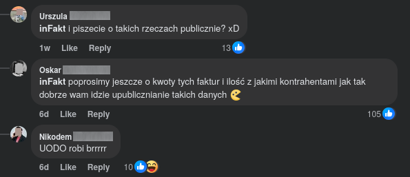 Zrzut ekranu komentarzy pod wpisem inFakt na Facebooku - inni użytkownicy dziwią się odpowiedzi firmy