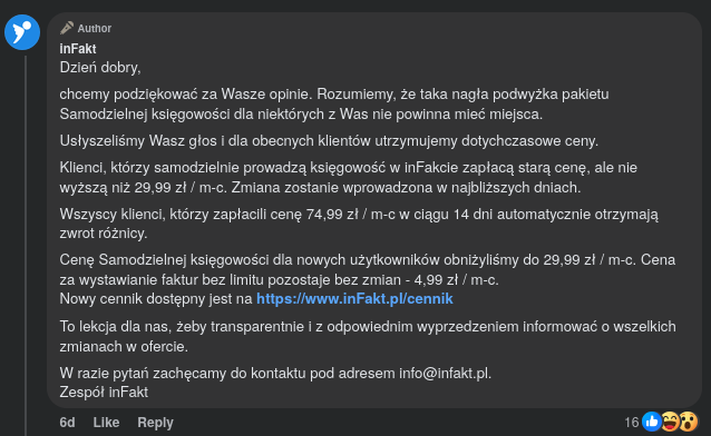 Zrzut ekranu komentarza pod wpisem inFakt na Facebooku - oświadczenie firmy o zmianie zapowiadanych podwyżek i utrzymaniu cen dla dotychczasowych klientów