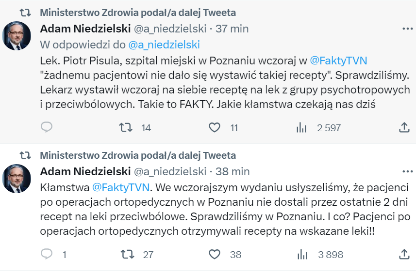 Zrzut ekranu wpisu Adama Niedzielskiego na Twitterze/X - informacja o receptach wystawionych przez lekarza