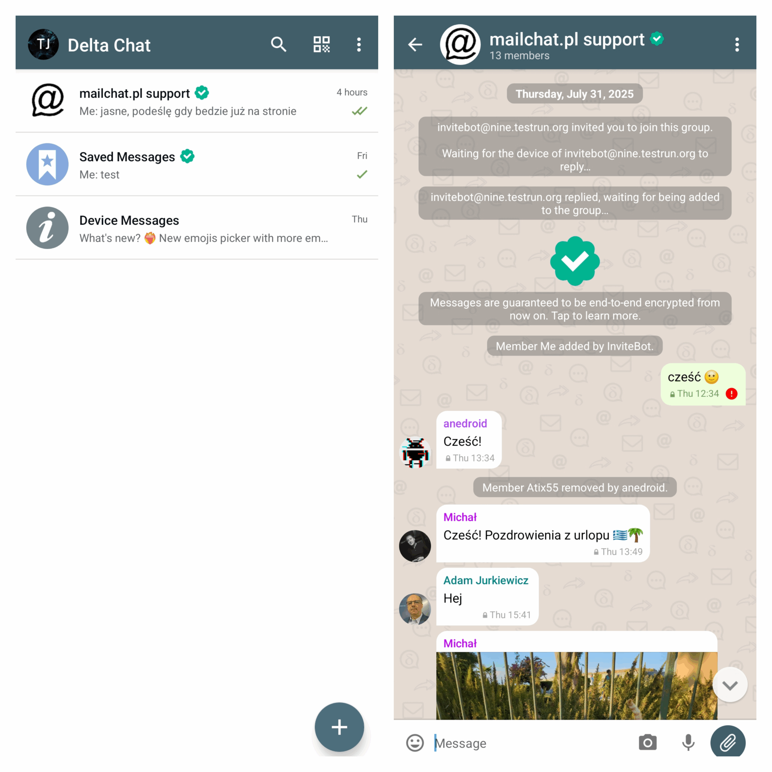 Podgląd listy czatów oraz pojedyncza konwersacja w Delta Chat