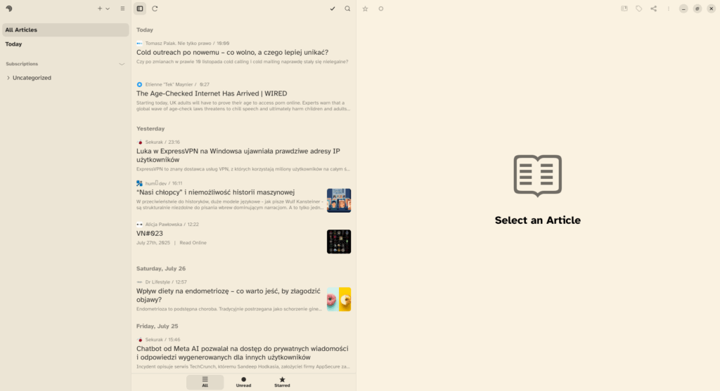 Te same wpisy co w FreshRSS wyświetlone w aplikacji Newsflash