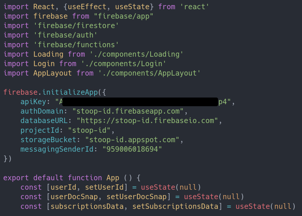 Fragment kodu z kluczem API i adresem URL bazy